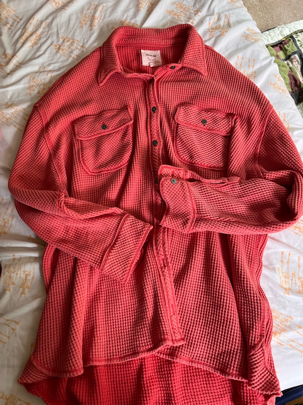 aerie Coral Red Waffle Button-Down Shirt